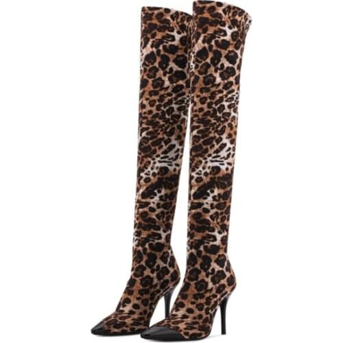 New Women Leopard Women Over The Knee Boots Sexy Pointed Toe High Heels Shoes Woman Slim Thigh High Boots Botas Size 35-43