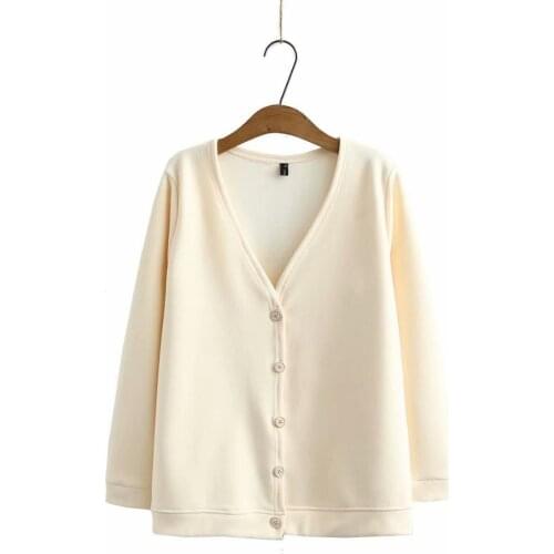 Plus size V neck fleece inside Single Breasted women loose cotton sweatshirts jackets 2021 new winter solid blue black coats