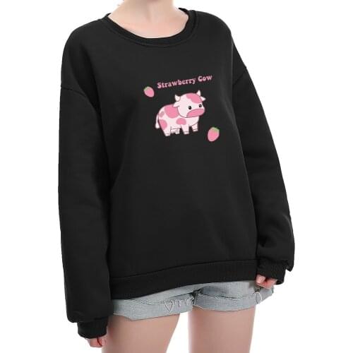 Strawberry Cow Sweatshirt Women Casual Pullover Hoodie Girls Thermal Drop Shoulder Pullovers Y2k Crewneck Sweatshirt Aesthetic