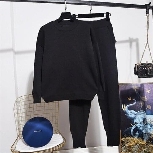 2020 Autumn Winter Knit Set Women New Fashion Solid Loose Long Sleeve Pullover + Little Feet Pants Women Two Piece Outfits Tide