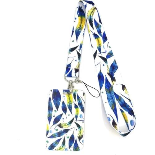 12sets Blue Starry Sky Feathers Leaves Fashion Lanyard ID Badge Holder Bus Pass Case Cover Slip Bank Credit Card Holder Strap