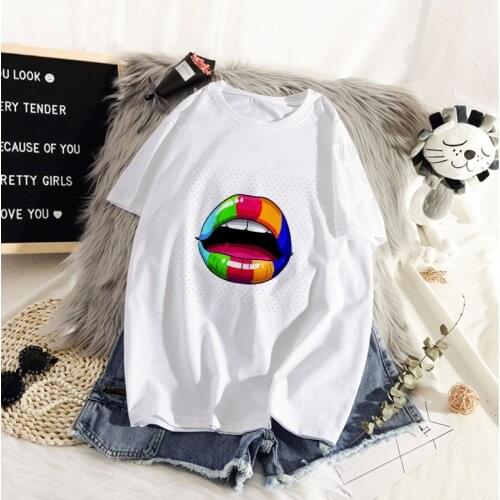 2021 T-shirt Ms. Red lip printed T-shirt Summer Harajuku Top T-shirt Viper Korea Clothing Women T-shirt Kawaii Tee