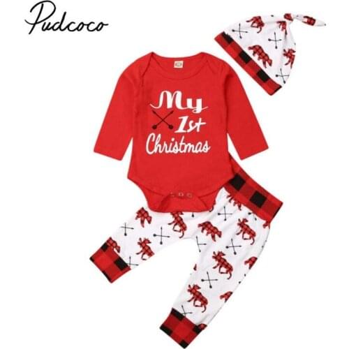 2019 Baby Spring Autumn Clothing Baby Boy Girl Newborn Infant Letter Christmas Clothe Romper Trousers Pants Hat Outfit 3pcs Set