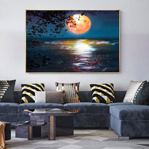 Abstract Sunset River Trees Moon Painting Modern Canvas Posters And Prints Wall Art Picture For Living Room Bedroom Decoration
