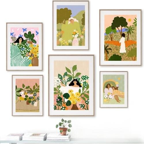 Abstract Woman Flower Grass Tree Vintage Wall Art Canvas Painting Nordic Posters And Prints Wall Pictures For Living Room Decor