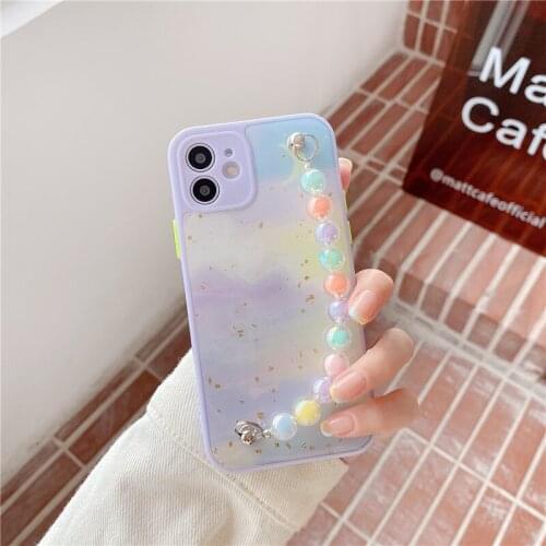 Glitter Watercolor Painting Marble Phone Case for IPhone 12 11 Pro XR X XS Max 7 8 Plus Cute Cover with Colorful Beads Bracelet