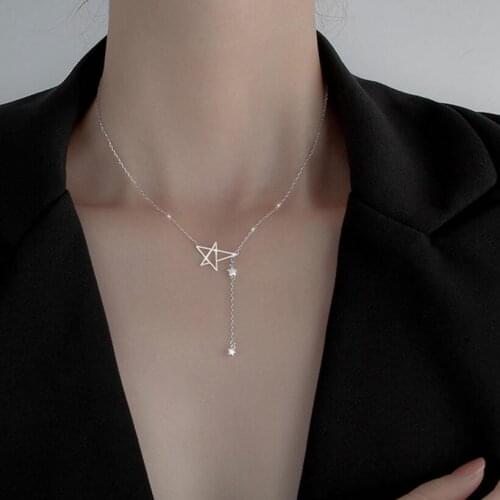 925 Sterling Silver Star Tassel Necklace Glitter Zircon Five-pointed Star Pendant Female Simple Clavicle Chain High Jewelry Gift
