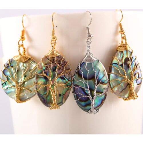 Tree of Life Wire Wrap Copper Gold Handmade Jewelry For Women Natural Blue New Zealand Abalone Shell Earrings 1 Pair