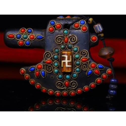 4"Tibet Temple Collection Old Natural meteorite Filigree mosaic Gem Dzi Bead Giant sun god genitals Pendant Town House Exorcism