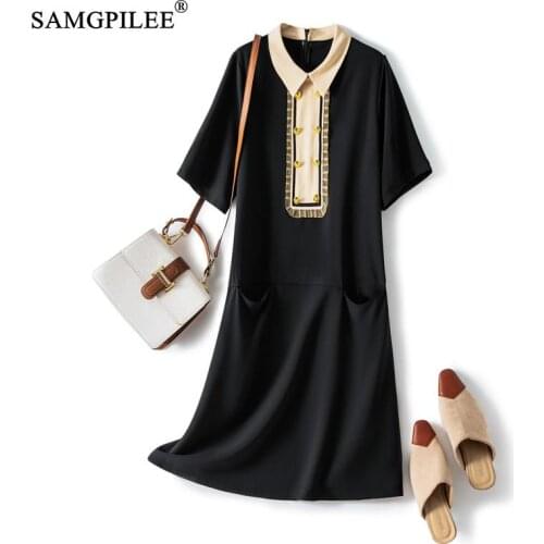 Summer Clothes For Women 2021 New Casual Metal Button Doll Collar Loose Short Sleeve Retro Plus Size Fashion Black Dresses Woman