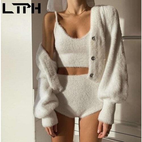 LTPH stayhome style sweet white mohair camisole top lazy loose outerwear women 3 Pieces Set Casual Short Outfits 2021 autumn New