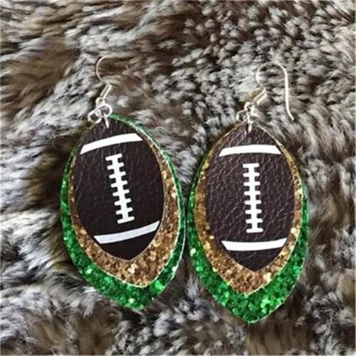 New Fashion Glitter Three Layer 3D Football Vegan Leather Teardrop Earrings Flash Layered Team Color Mom Gifts Stock