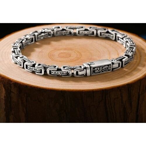 The New Dragon Pattern Six-character Mantra Silver Bracelets Men Trend Retro Hipster Hip-hop Personality Bracelet Jewelry