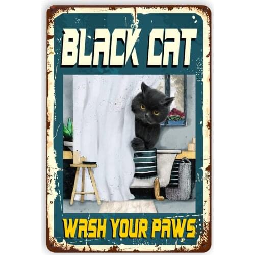 Cat Tin Signs Wash Your Paws Poster Black Cat Metal Poster Wall Decor Hanging Metal Poster Funny Kitty Bathroom Metal Signs