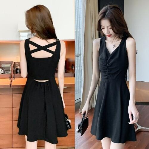 Evening Dress Female 2021 New Hollow Back Black Dress Slim Waist Sleeveless V Neck Folds High Waist Short Mini Dress Woman Dress