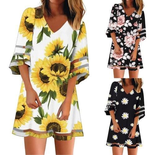 Dresses For Women 2021 Crew Neck Mesh Patchwork Beach Dress 3/4 Bell Sleeve Casual Loose A-line Sunflower Print Dress Платье