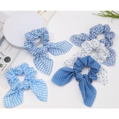 Chiffon Bowknot Elastic Hair Bands For Women Girls Blue Polka Dot Scrunchies Headband Hair Ties Ponytail Holder Hair Accessorie