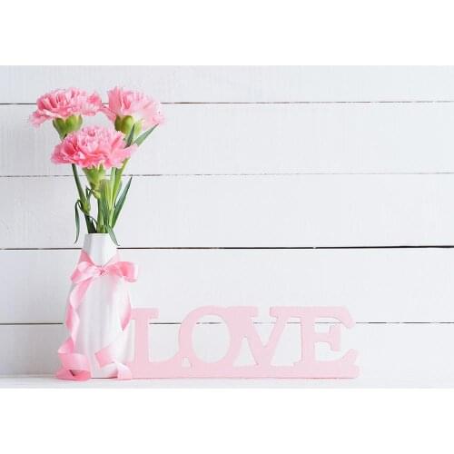 Pink Flowers Vase White Wooden Plank Photography Backdrops Custom Backgrounds for Lovers Valentines Day Photocall Photo Studio