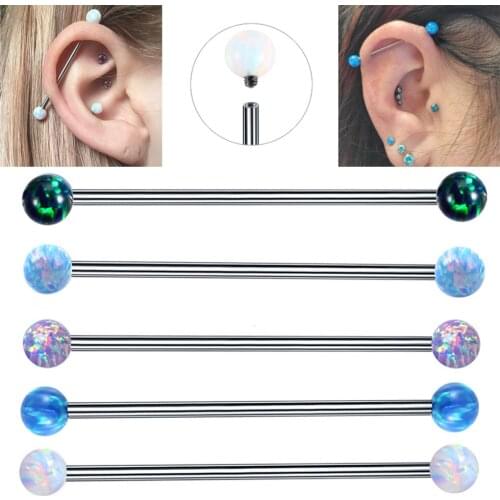 1PC14G Surgical Steel Industrial Barbell Piercings 4mm&5mm Opal Stone Industrial Earrings Tragus Ear Gauge Body Jewelry Piercing