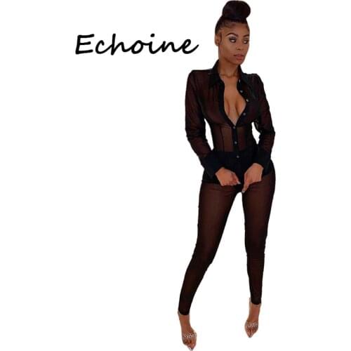 Echoine Sexy 2 Piece Set Women Sheer Mesh See ThroughTops Shirt+ Long Pants Clubwear Office Lady Summer Clothes For Women