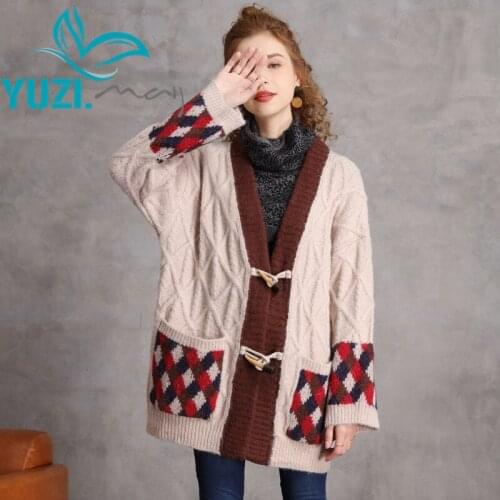 Woman Sweaters 2020 Yuzi.may Boho New Wool Cotton Women Christmas Cardigans Buffalo Buttons Color Blocks Pockets Sweater B9308