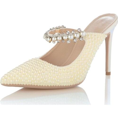 String Bead Pointed Toe Ladies Shoe Slingbacks Thin Heels Bridesmaid Shoes Pearl Handmade Wedding Shoes Fashion Slippers Sandals