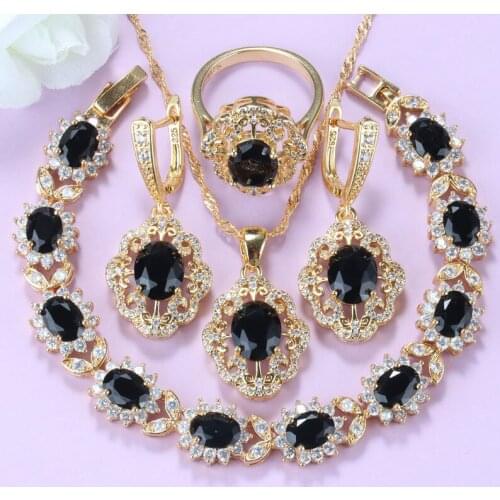 Occident Punk Style Black Zirconia Gold-Colors African Jewelry Sets For Women Bracelet Chain Earrings And Necklace Sets