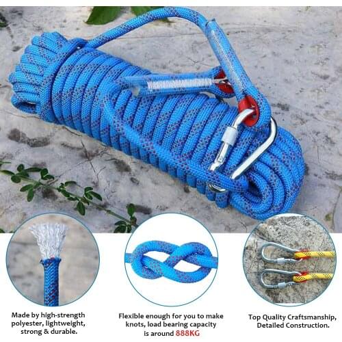 10/12mm 20m Climbing Rope Hook High Strength Emergency Safety Hiking Rope Camping Rescue Rope Outdoor Survival Tool