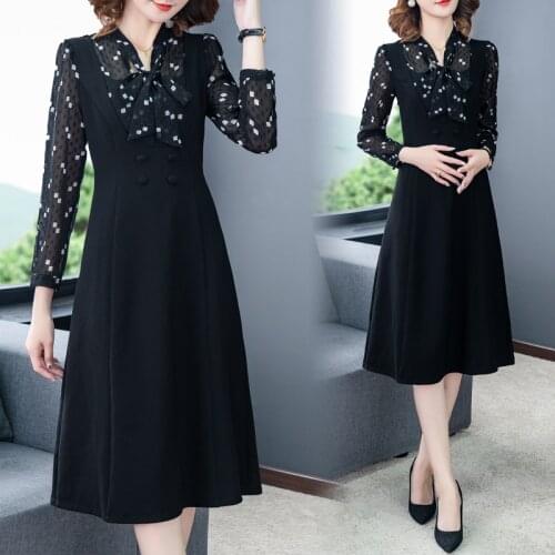 Vintage Black Floral Chiffon Midi Dresses 2021 Fall Winter Korea Plus Size Long Sleeve Dress Women Elegant Bodycon Party Vestido