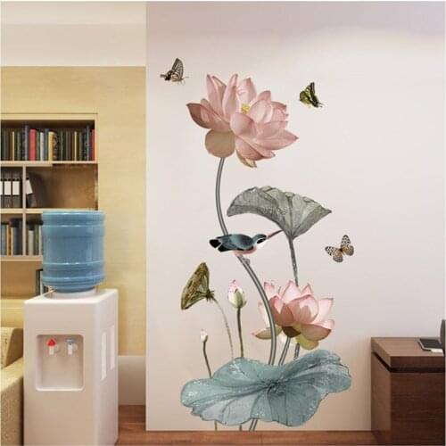Water Lily Wall Sticker Beautiful Flower Lotus Home Decor Living Room Bedroom Mural Art Wallpaper DIY Poster Chinese Pattern Hot