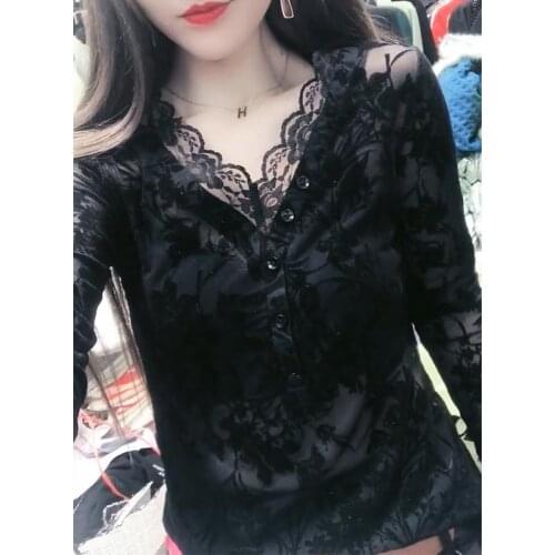 Womens Spring Summer Style Lace Blouses Shirt Womens Mesh Solid Color Button V-Neck Long Sleeve Lace Patchwork Tops DD8595