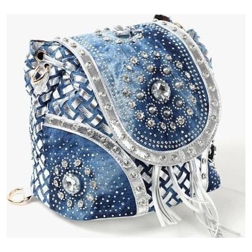 QIAN YI YUAN Brand backpack Fashion Denim Double shoulder high quality Diamonds Rivet Inclined shoulder bag Ms. style of bag