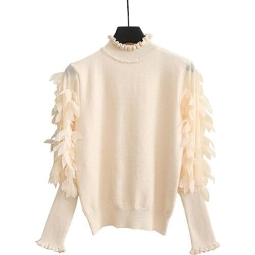 Women Solid Color Ruffled Mock Neck Long Petal Puff Sleeve Knit Pullover Sweater женские свитера