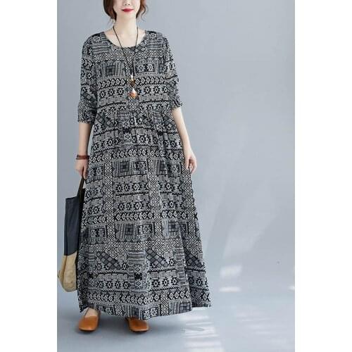 One-Piece Large Size Boho Beach Floral Dress 2021 Autumn Summer Sundress Oversize Casual Cotton Robe Femme Dress Vestidos Female