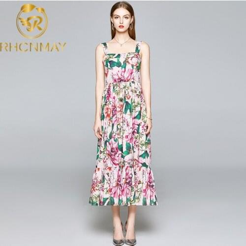 Runway High Quality Summer 2020 New WomenS Fashion Party Casual Sexy Boho Beach Vintage Elegant Floral Print Vest Midi Dress