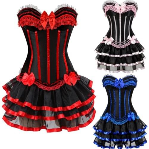 Women Burlesque Dancer Dress with Halloween costumes vintage striped floral lace up corset bustier Mini skirt Gothic Corset