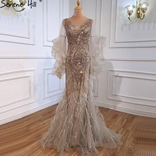 Gold Petal Long Sleeve Mermaid Evening Dresses 2020 Luxury Sparkl Sequins Beading Sexy Formal Dress Serene Hill LA70410