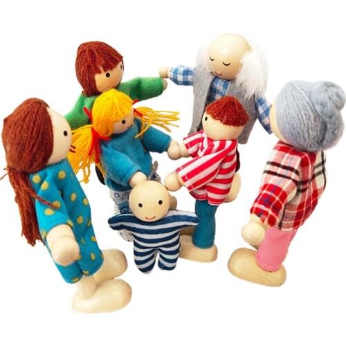 7Pcs/Set Cartoon Family Wooden Movable Jointed Doll Parent-child Toys Kids Educational Toys for Children Gifts