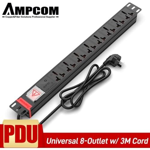 AMPCOM 19 inches Universal PDU 8 outlets with surge protection SPD module 10/16A power strip for serve room cabinet networking