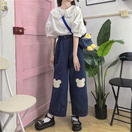 Japanese Kawaii Women Soft Girl Pants Korean Teen Girls Loose Thin Cartoon Bear Embroidery Pants Wild Casual Female Cute Pants