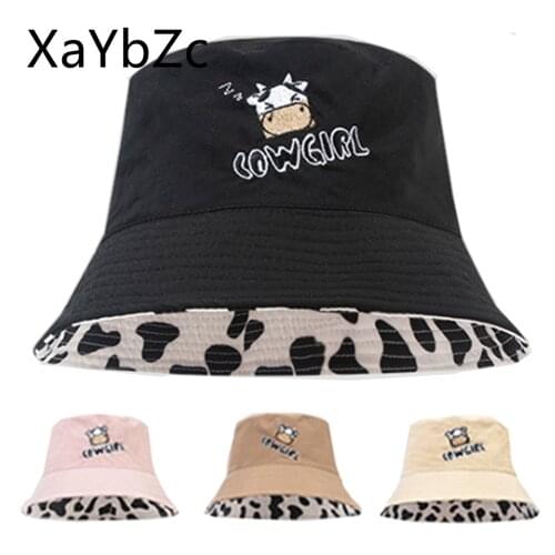 Double-sided cow embroidered fisherman hat men and women spring and summer sun shade sun hat sun hat printed fisherman hat