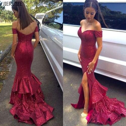 JIERUIZE Red White Black Sequin Mermaid Evening Dresses Long V-neck Backless Long Prom Dresses Formal Dress Evening Gowns