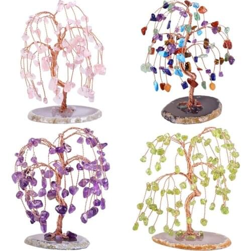 TUMBEELLUWA Reiki Chakra Crystal Money Tree with Agate Slice Base,Tumbled Stone Ornaments Statue Home Decor for Wealth and Luck