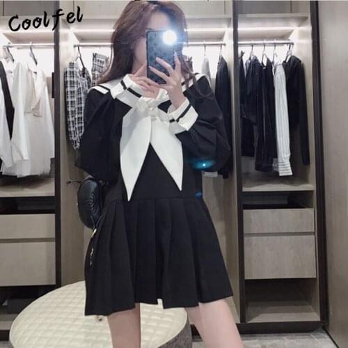 COOLFEL Sweet Women Sailor Collar Mini Dress Black Patchwork Long Sleeve A-line Dress Leisure Preppy Style