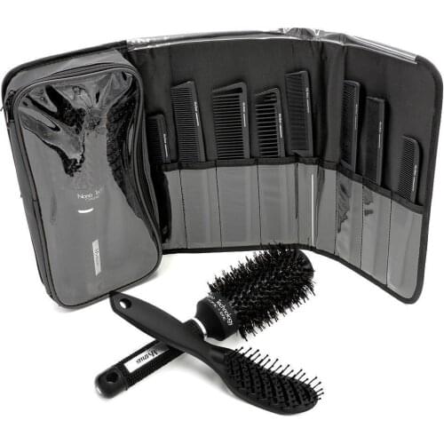 Pro Mythus Hairdressing Hair Cut Comb And Boar Bristle Ceramic Hair Brush Set 8 Pc Carbon Comb 1 Pcs Ceramic Round Comb Kits Set
