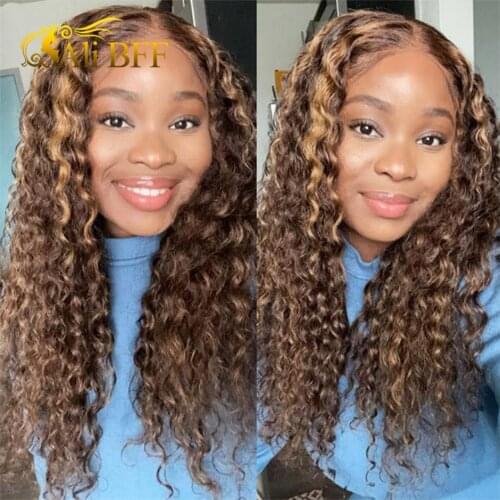 Transparent Deep Curly Highlight Colored Wig Brazilian Human Hair Wigs Pre Plucked Deep Wave Lace Front Wig For Black Women