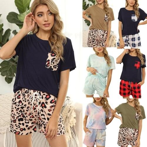 2021 spring and summer new womens tie-dye pajamas short-sleeved plaid home service two-piece hot sale