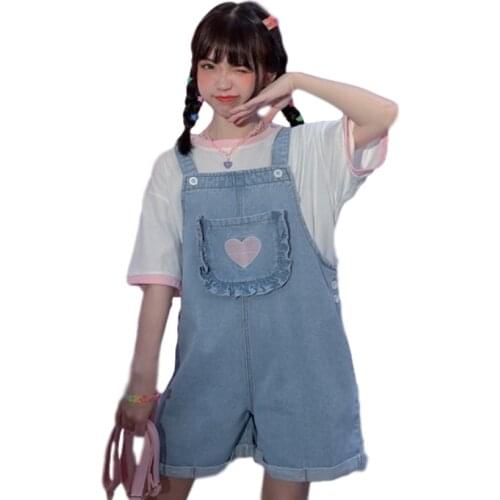 Harajuku Heart Casual Bermuda Shorts Girls Jeans Overalls Women Summer Romper Cute Loose Korean Fashion Kawaii Denim Short Pants