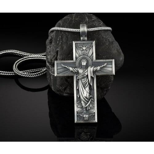 Religious Jesus Cross Christian Catholic Retro Style Pure Tin Mens and Womens Pendant Necklace Jewelry