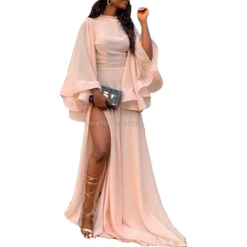 518 Pink O-neck Natural A-line Floor-length Chiffon Evening Dresses/Formal Gowns zipper&slit&trumpet sleeve Free shipping